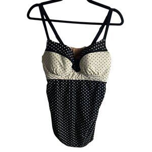 Cacique Swim Size 38D Tankini Top Black White Polka Dots Bulit in Bra Vacation